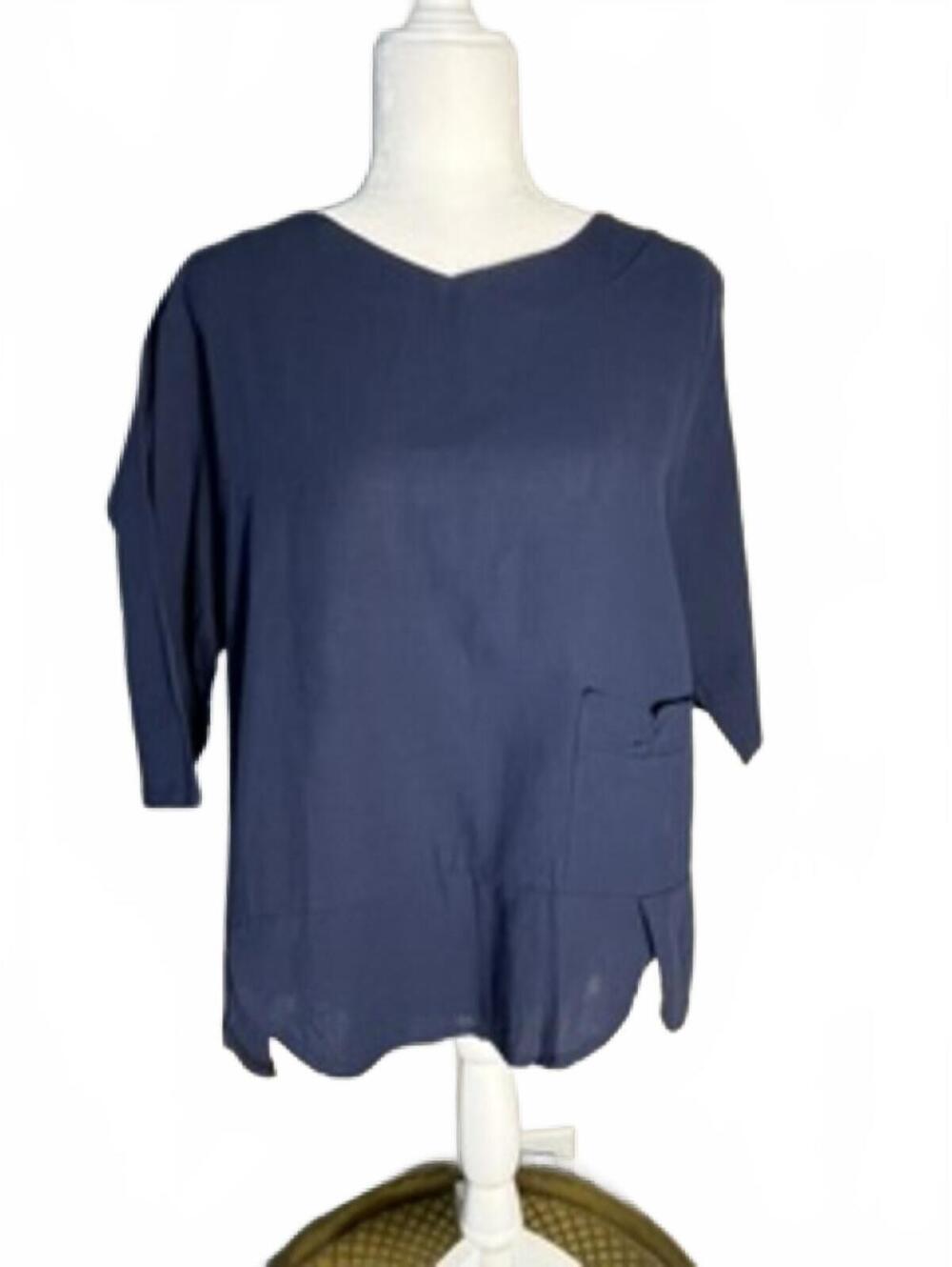 NWT Popjuli Navy Blue Tunic Blouse L V-Neck 3/4 Sleeve Pocket Top